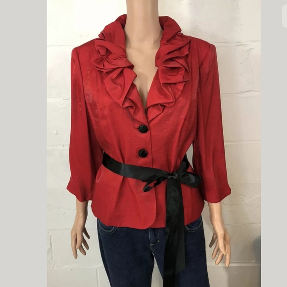 Lilianna Ruffled Neck Jacket Red Belted 3/4 Sleeve - Picture 1 of 9
